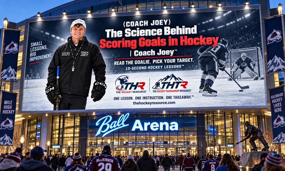 Coach Joey scoring science billboard above the Ball Arena entrance in Denver, shown as a concept mockup.