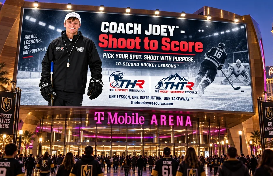 Coach Joey billboard for pick your spot. shoot with purpose. above the T-Mobile Arena entrance in Las Vegas, shown as a concept mockup.