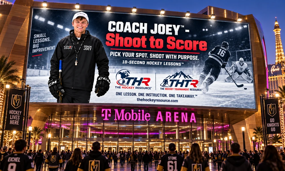 Coach Joey billboard for pick your spot. shoot with purpose. above the T-Mobile Arena entrance in Las Vegas, shown as a concept mockup.