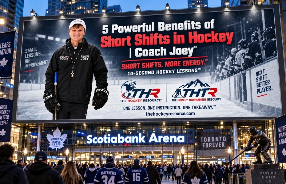 Coach Joey billboard about short shifts in Hockey above the Scotiabank Arena entrance in a concept mockup.