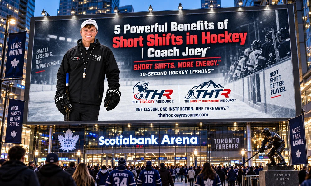 Coach Joey short shifts Hockey lesson billboard above Scotiabank Arena in a concept mockup.