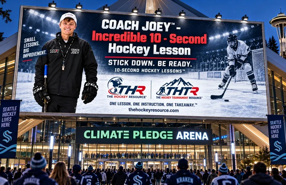 Coach Joey billboard for stick down. be ready. above the Climate Pledge Arena entrance in Seattle, shown as a concept mockup.