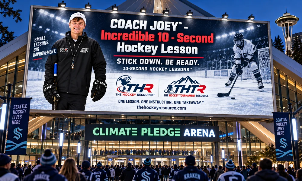 Coach Joey billboard for stick down. be ready. above the Climate Pledge Arena entrance in Seattle, shown as a concept mockup.