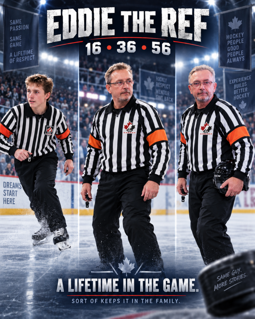 Eddie the Ref shown at three ages, representing a lifetime in Hockey officiating.