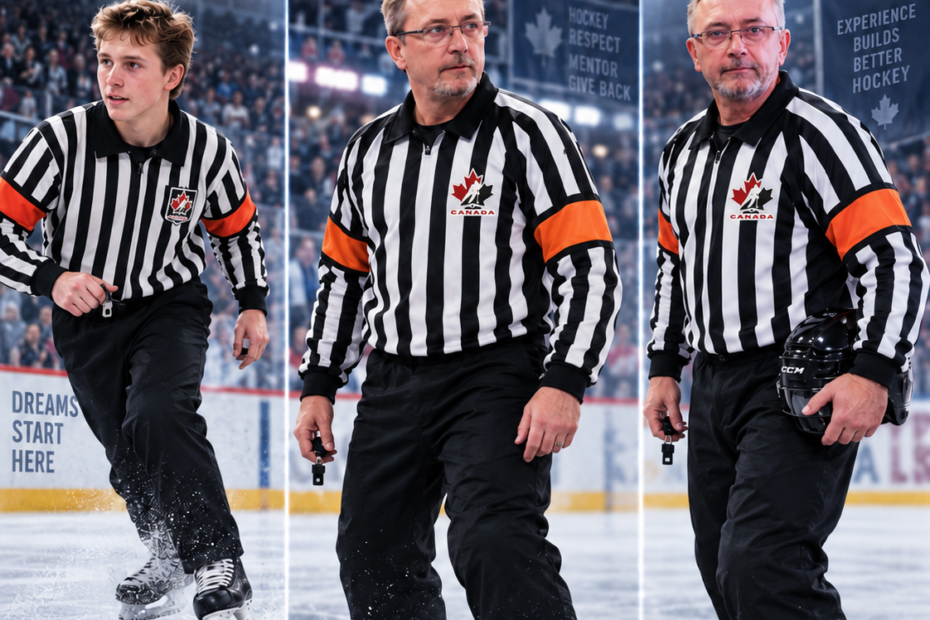 Eddie the Ref shown at three ages, representing a lifetime in Hockey officiating.